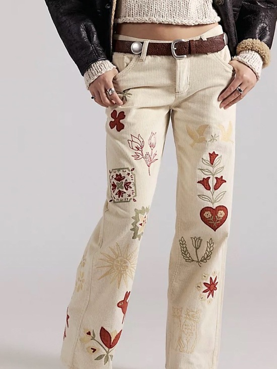 Free People Denim - NWT Women's Free People Corduroy Embroidered Cream WideLeg Women’s Jeans Size 28